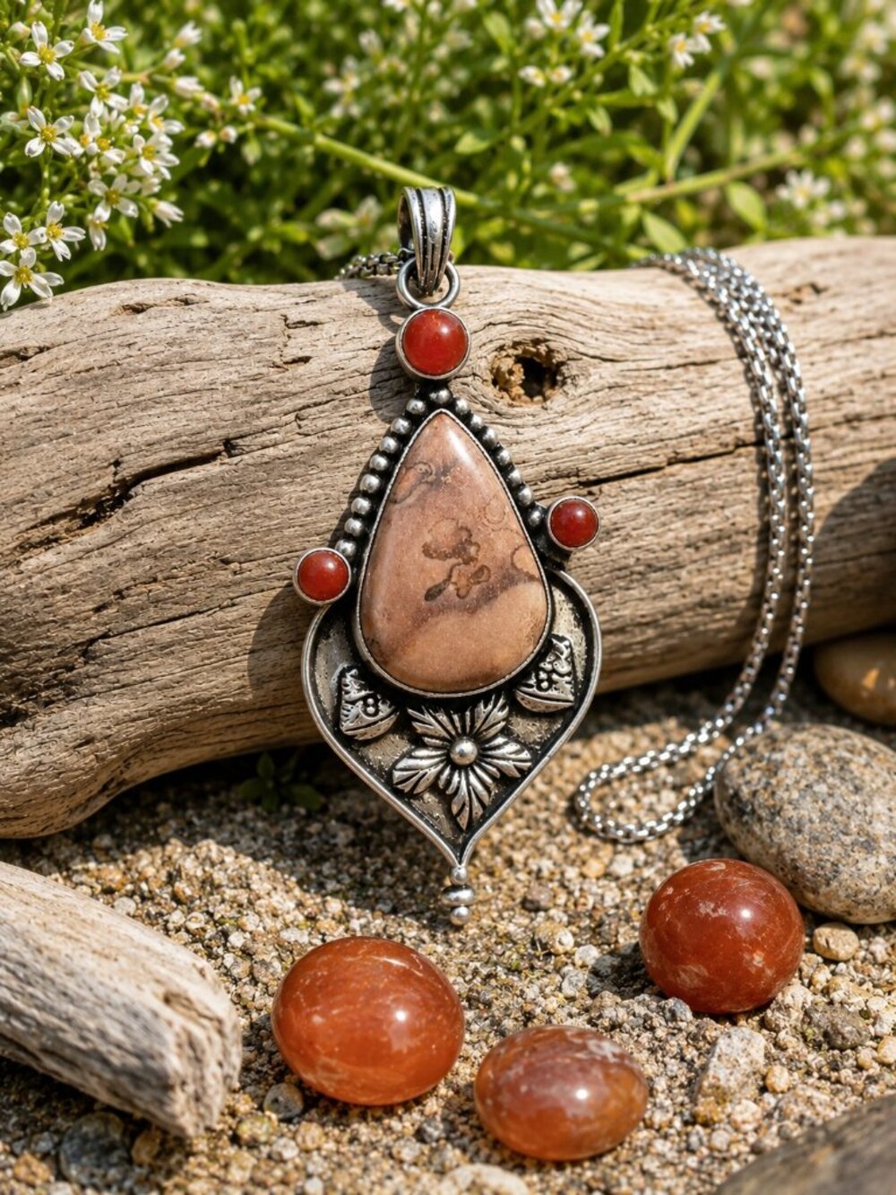 925 Sterling Silver Coffee Bean Jasper Carnelian Pendant Necklace Victorian Boho